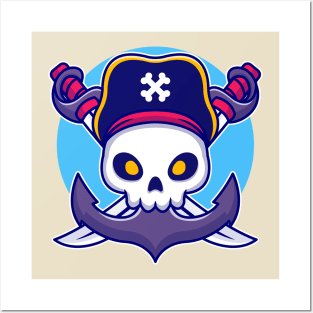 Pirate Skull With Anchor Cartoon Posters and Art